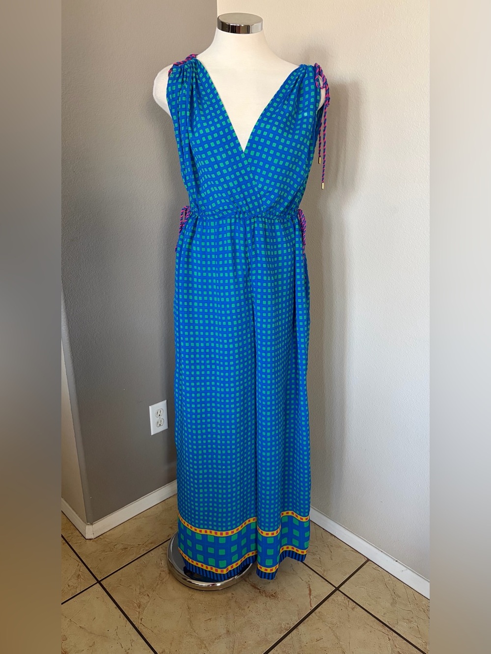Blue Printed V-Neck Tie-Shoulder Jumpsuit